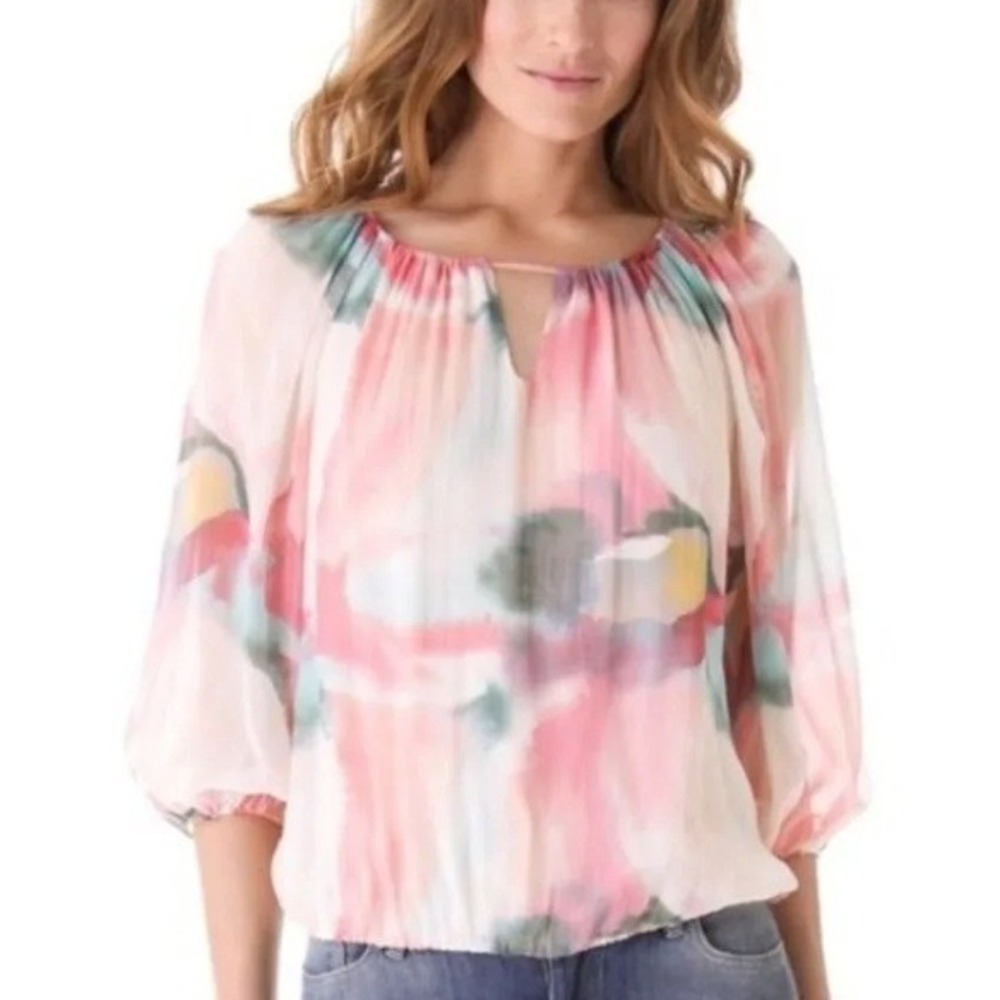 ALICE + OLIVIA 100% Silk Watercolor Blouse Women Size Medium Casual 3/4 Sleeves